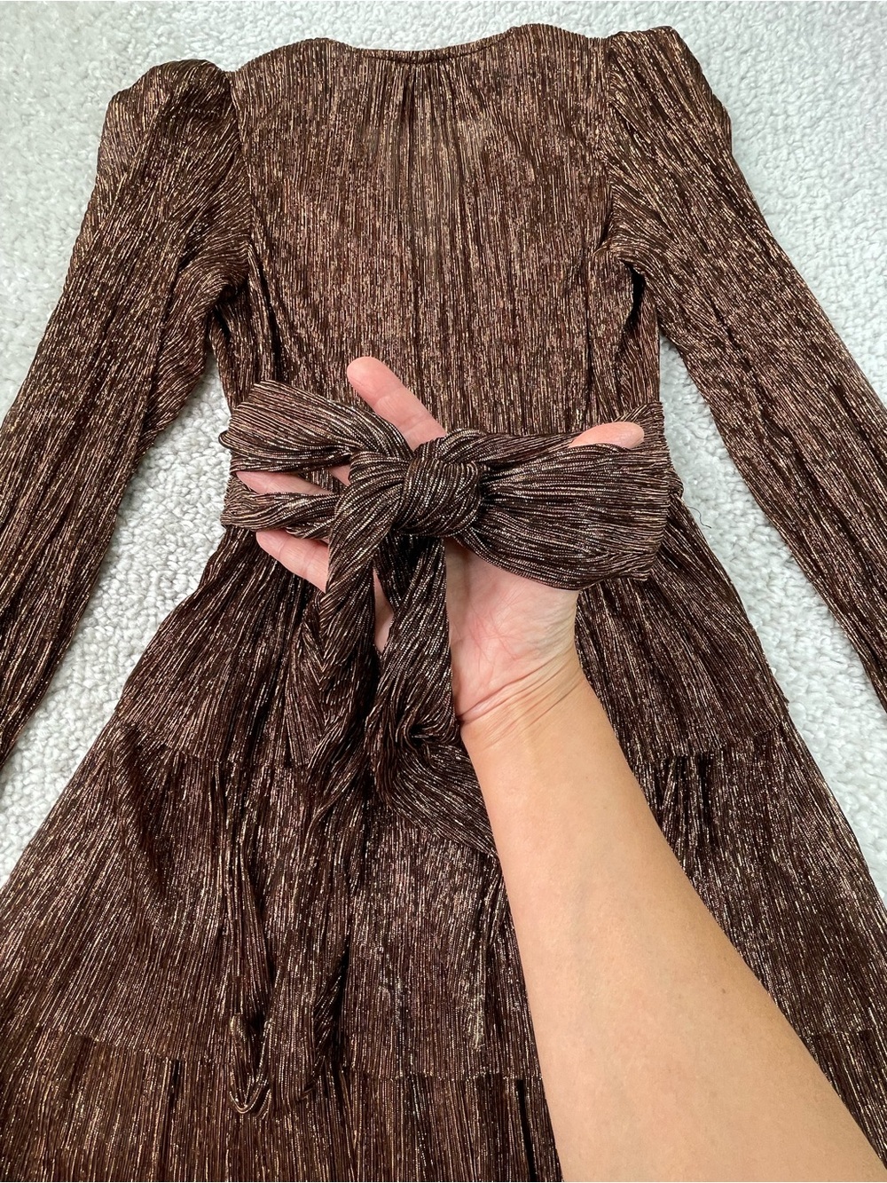 Sabina Musayev Gold Brown Metallic Bronze Dress. Tie Waist Tiered Semi Sheer Med - Picture 5 of 13